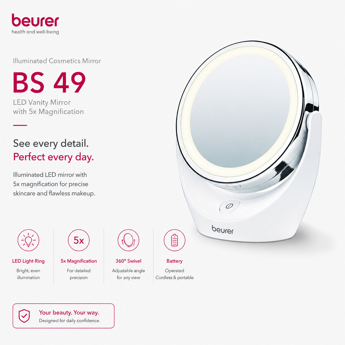 Beurer BS 49 Illuminated Cosmetics Mirror | LED Vanity Mirror with 5x Magnification (Original Germany)