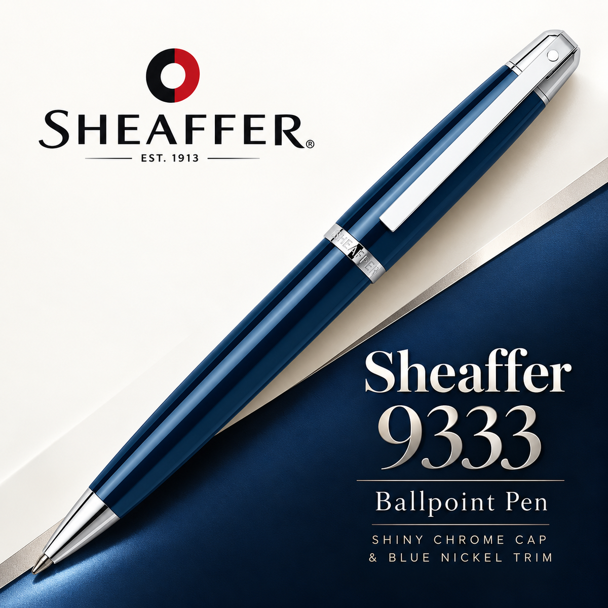 Sheaffer 9333 Ballpoint Pen – Shiny Chrome Cap & Blue Nickel Trim