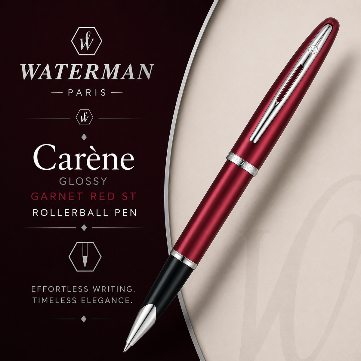 Waterman Carène Rollerball Pen – Glossy Garnet Red with Stainless Steel Trim