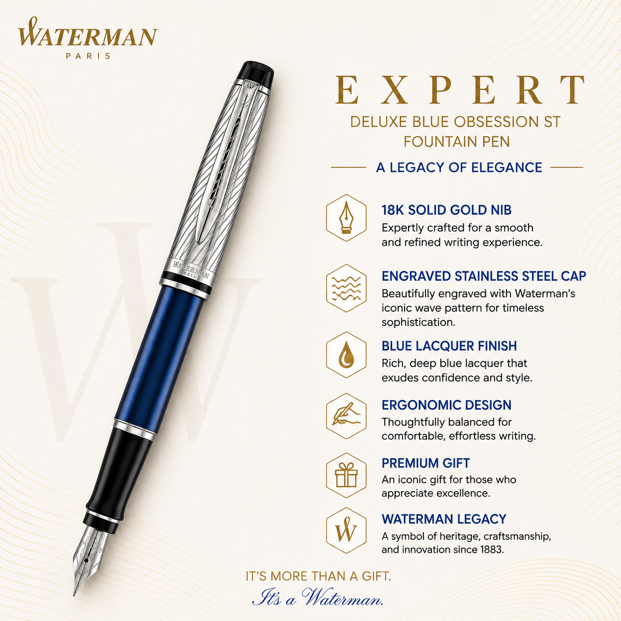 Waterman Expert Deluxe Blue Obsession ST Fountain Pen – Premium Writing Instrument