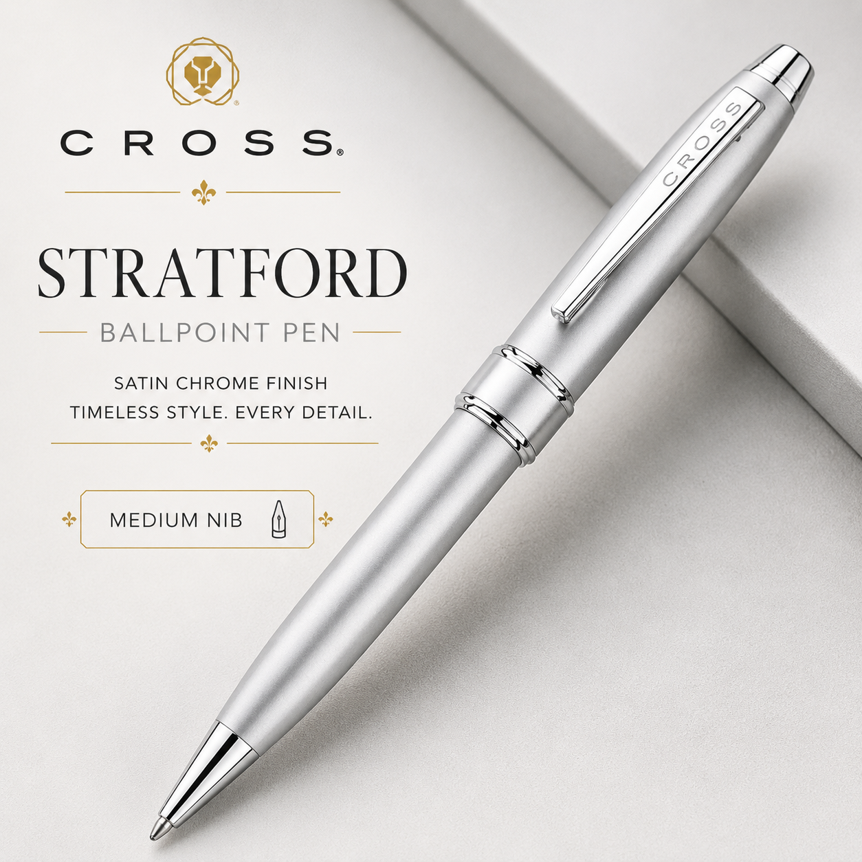 Cross Stratford Ballpoint Pen – Satin Chrome (Medium)