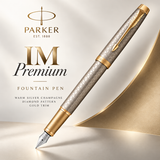 Parker IM Premium Fountain Pen – Warm Silver Champagne Diamond Pattern Gold Trim