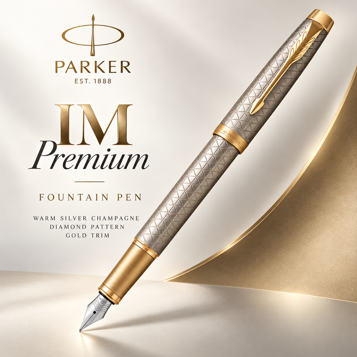 Parker IM Premium Fountain Pen – Warm Silver Champagne Diamond Pattern Gold Trim