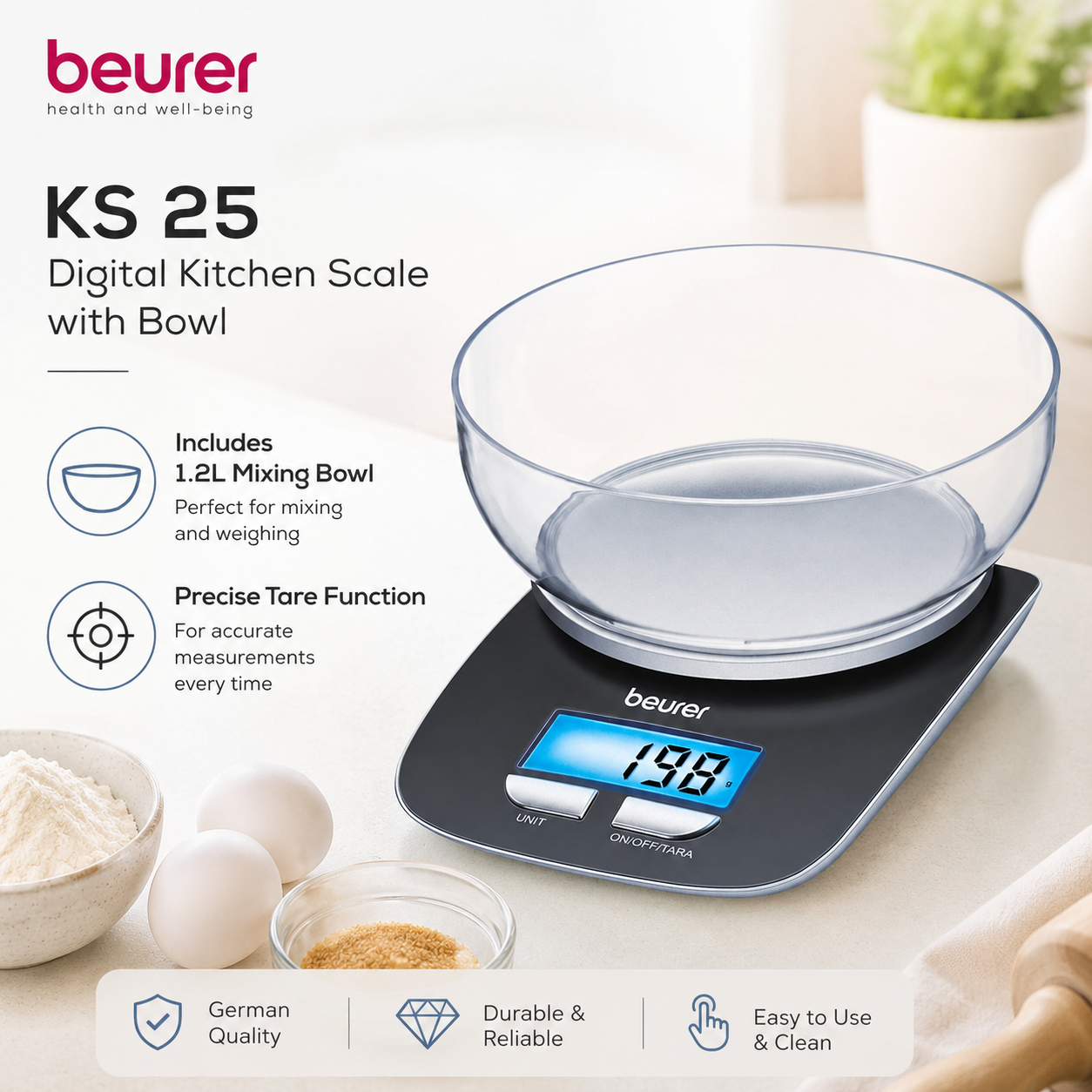 Beurer KS 25 digital kitchen scale with bowl, white food scale