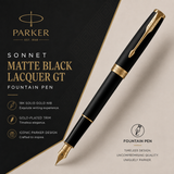 Parker Sonnet Matte Black Lacquer GT Fountain Pen – 18K Solid Gold Nib & Gold-Plated Trim