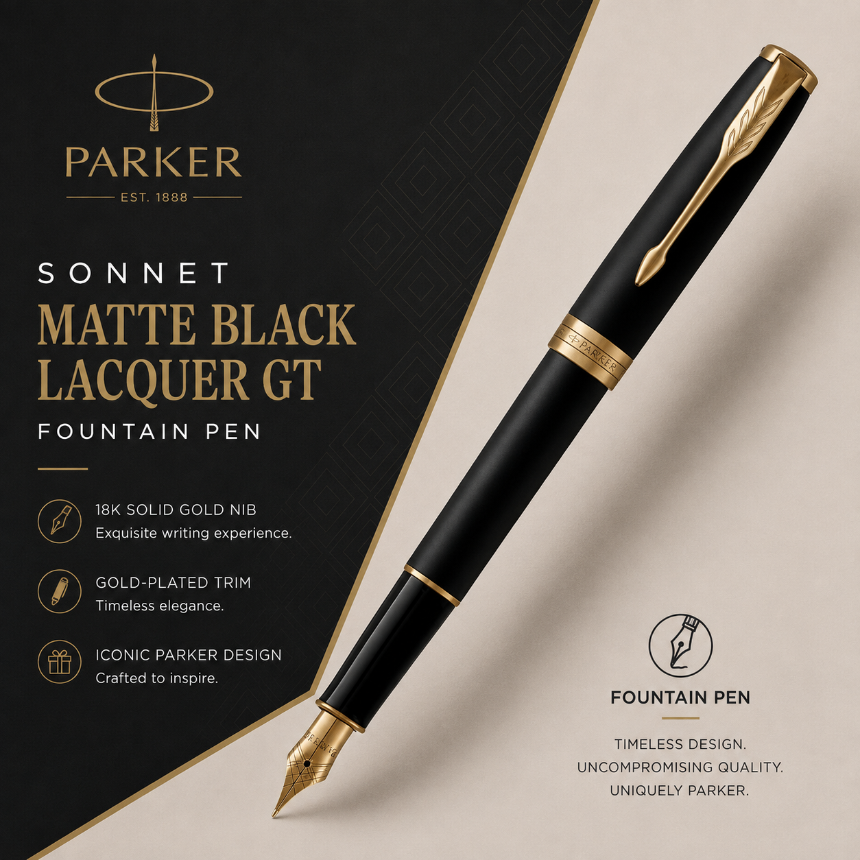Parker Sonnet Matte Black Lacquer GT Fountain Pen – 18K Solid Gold Nib & Gold-Plated Trim