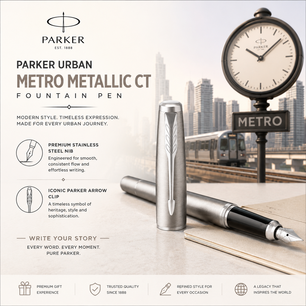 Parker Urban Metro Metallic Chrome Trim Fountain Pen
