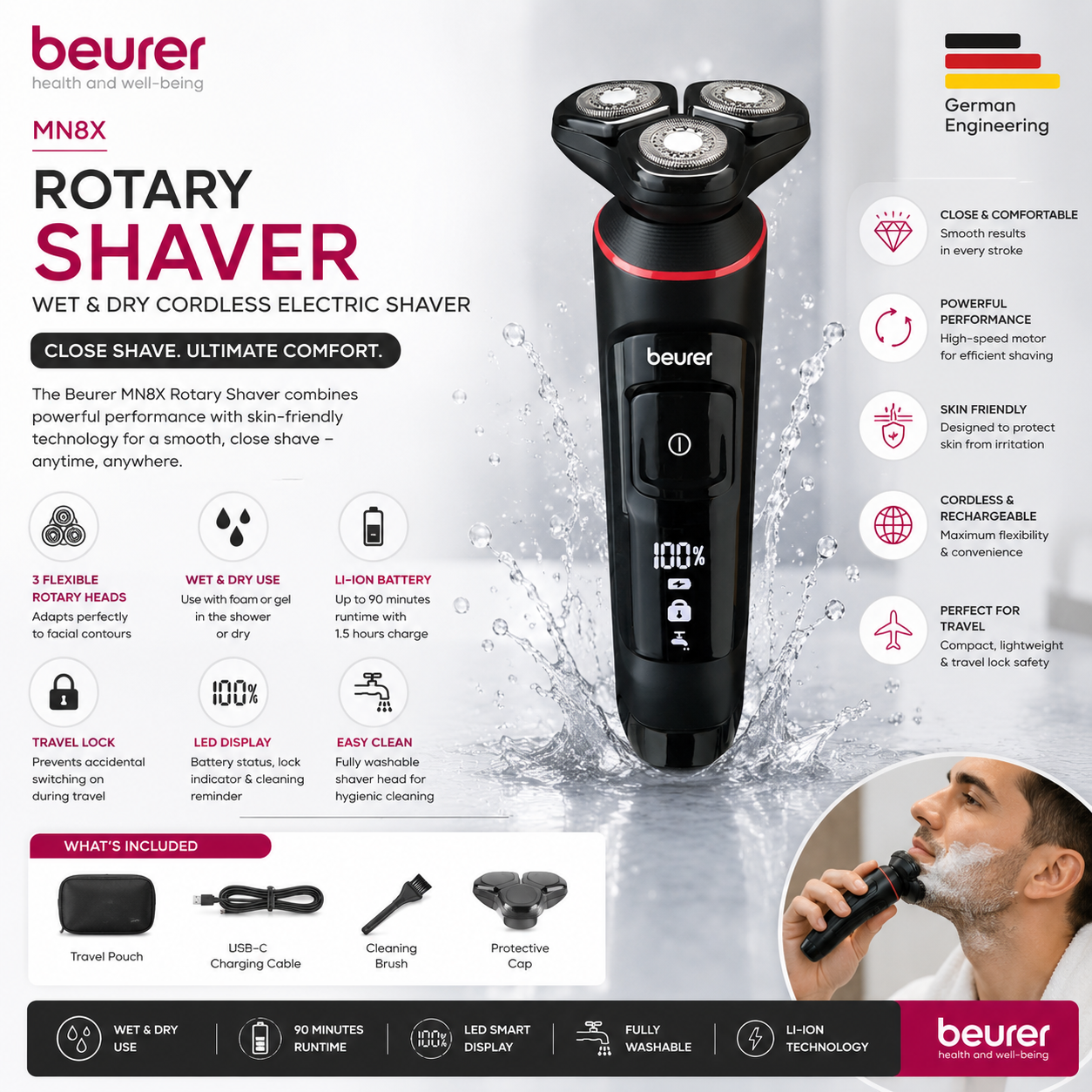 Beurer MN8X wet and dry cordless rotary electric shaver