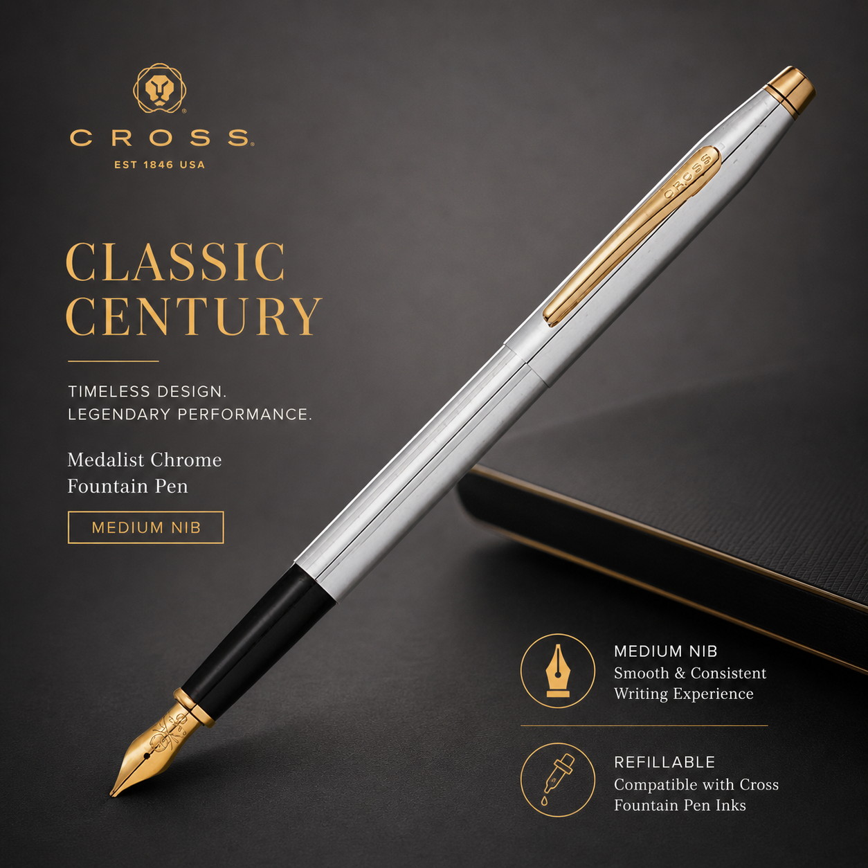 Cross Classic Century Refillable Fountain Pen Medium Nib Medalist Chrome