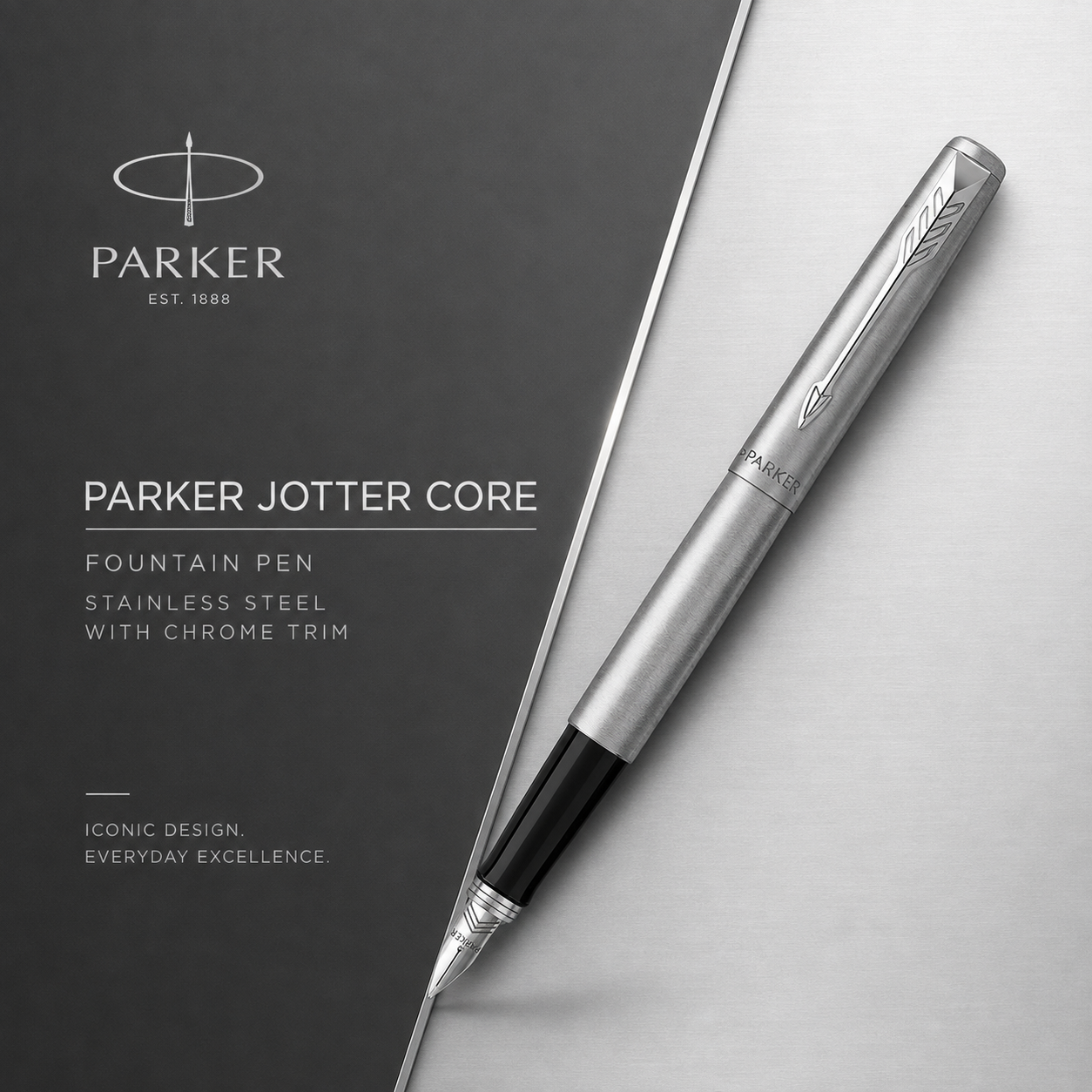 Parker Jotter Core Fountain Pen – Stainless Steel with Chrome Trim | Premium Fountain Pen