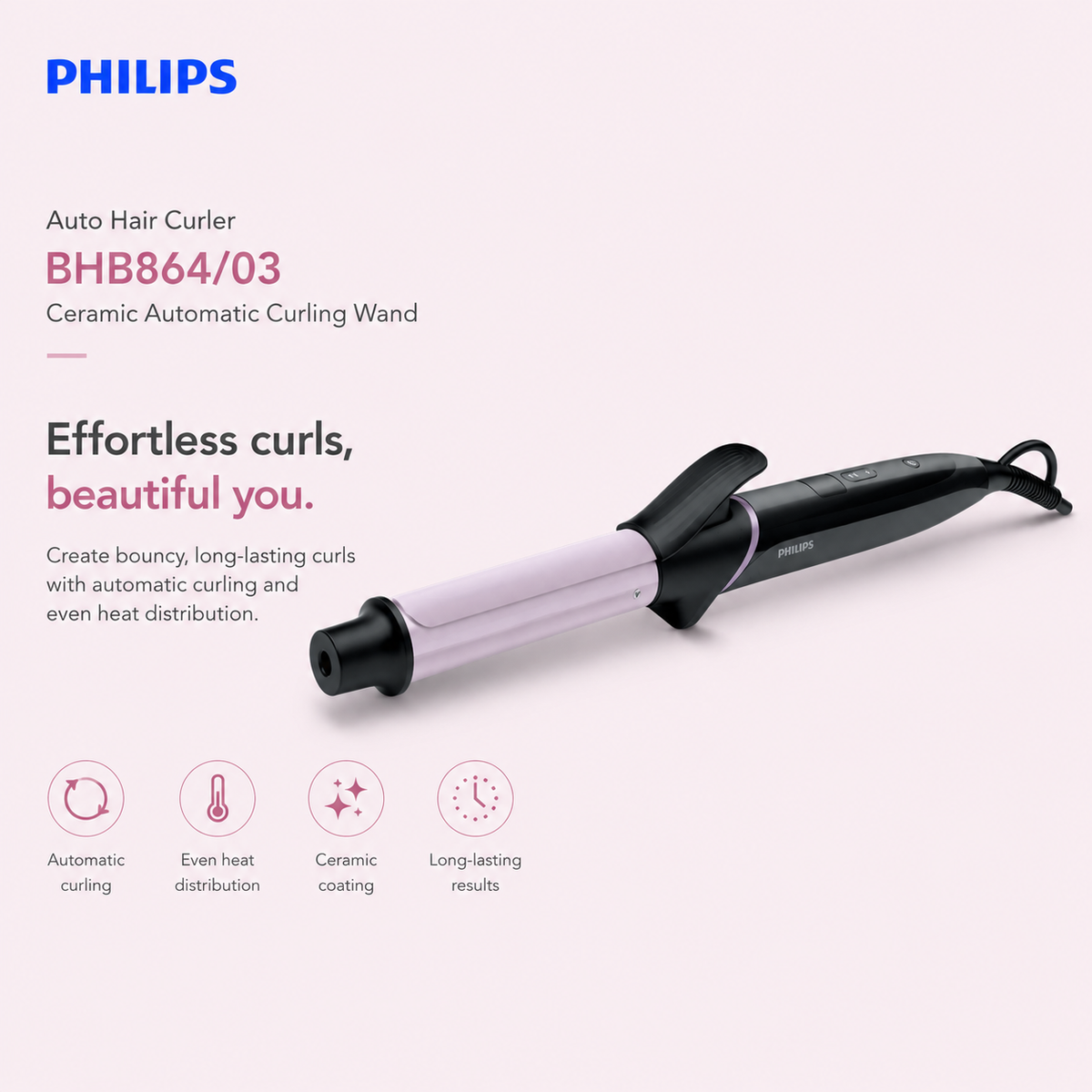 Philips Auto Hair Curler BHB864/03 – Ceramic Automatic Curling Wand