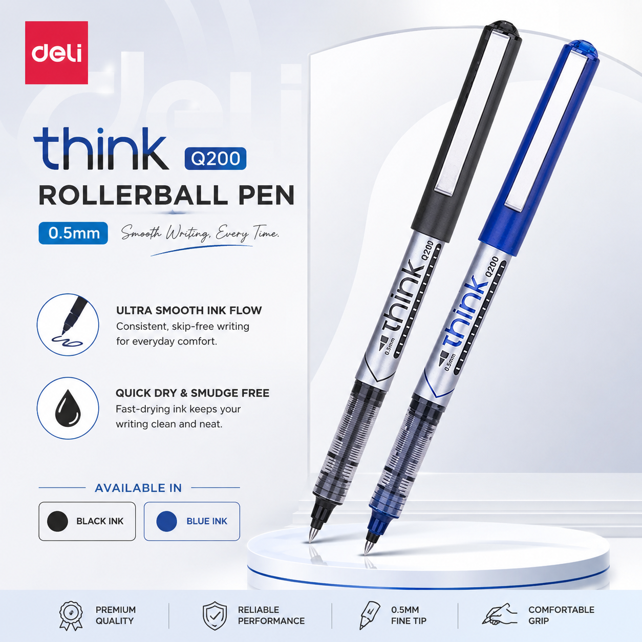 Deli Think Q200 Rollerball Pen – 0.5mm (Blue & Black Ink)