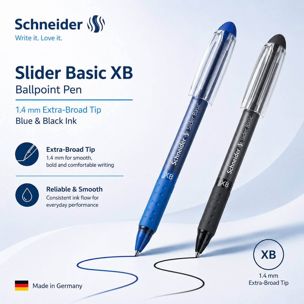 Schneider Slider Basic XB Ballpoint Pen – 1.4 mm Extra-Broad Tip, Blue/Black Ink
