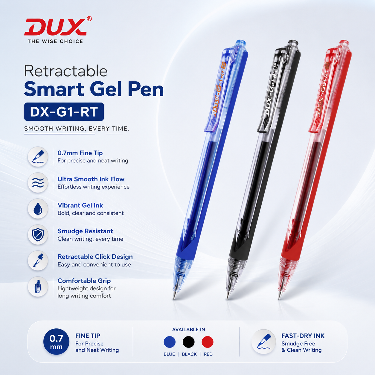 Dux Retractable Smart Gel Pen 0.7mm – Pack of 12