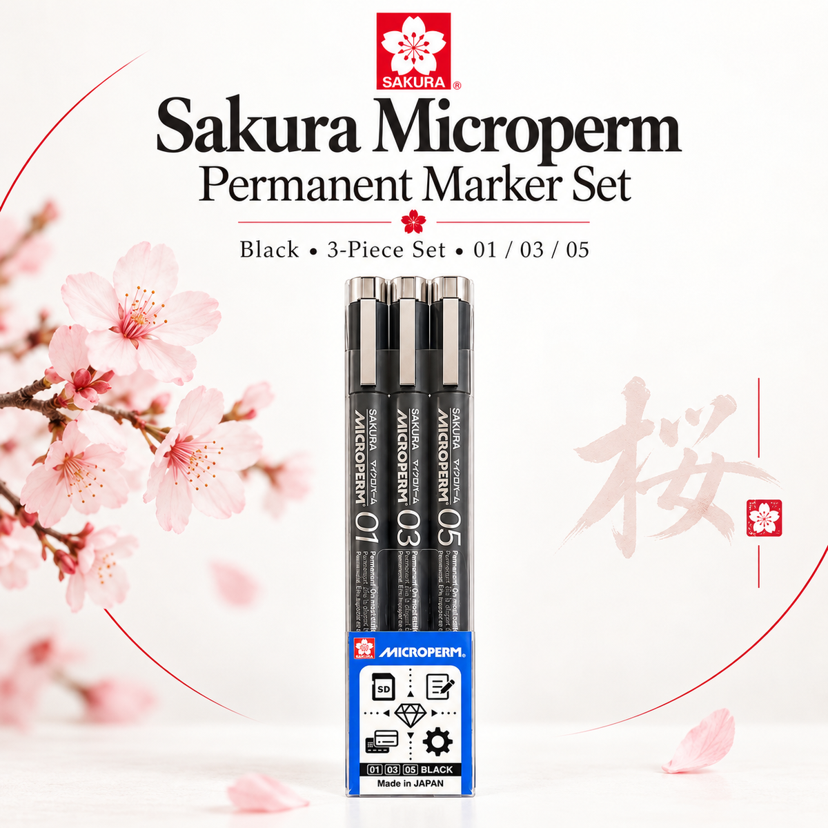 Sakura Microperm Permanent Marker Set – Black, 3 Pieces (01, 03, 05)