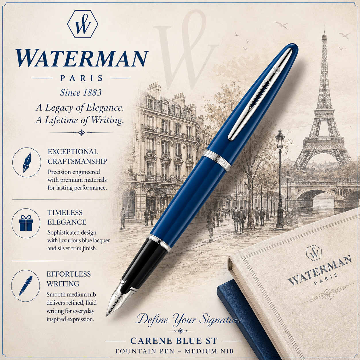 Waterman Carène Blue ST Fountain Pen – Medium Nib