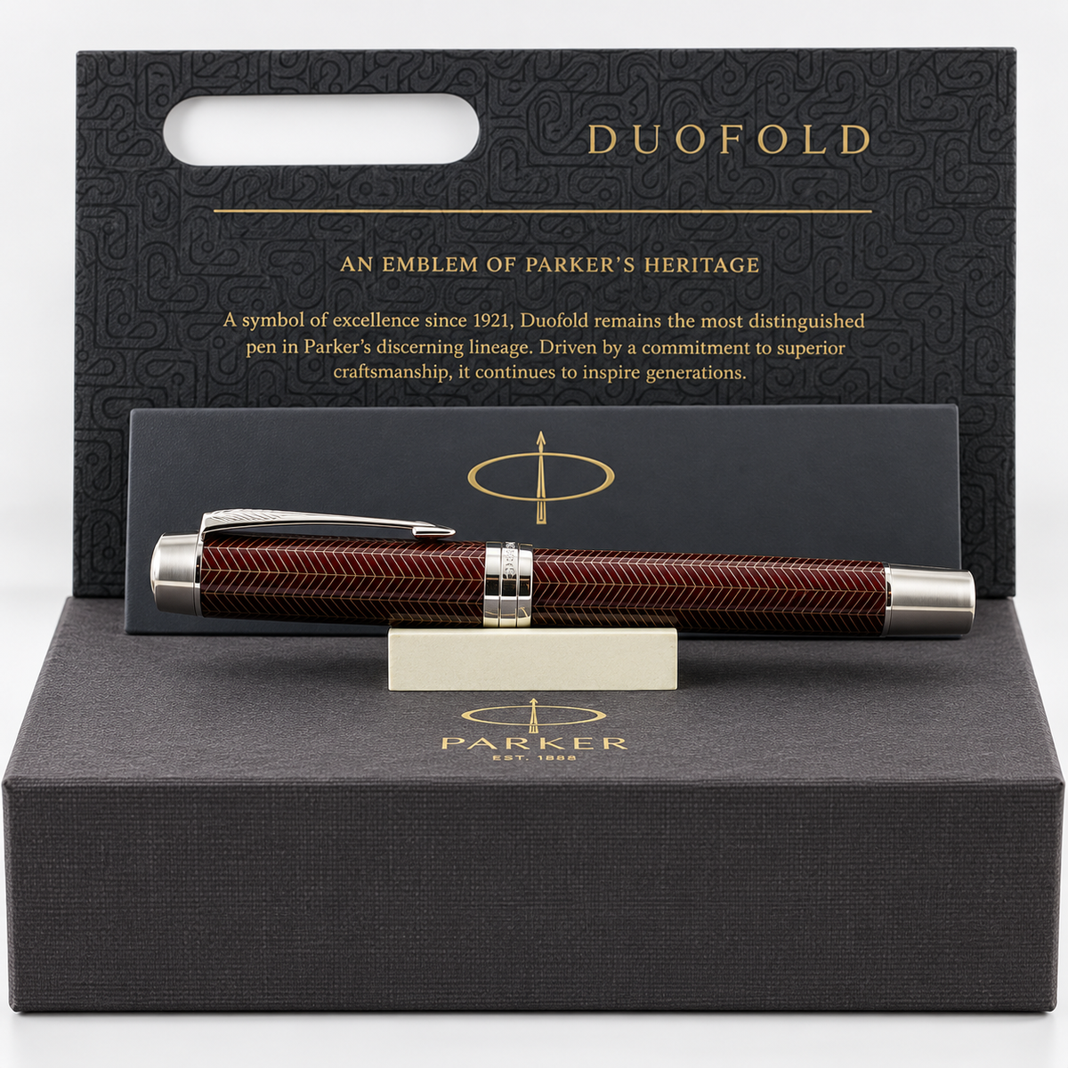 Parker Duofold Prestige Burgundy Chevron CT Fountain Pen – 18K Solid Gold Two-Tone Rhodium-Plated Nib