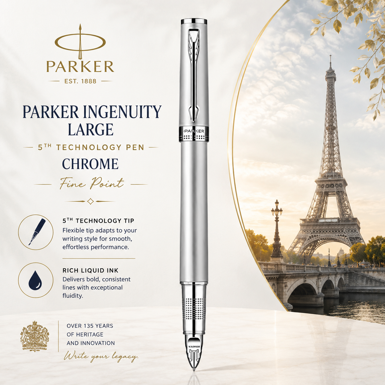 Parker Ingenuity Large 5th Technology Rollerball Pen | Chrome CT, Fine