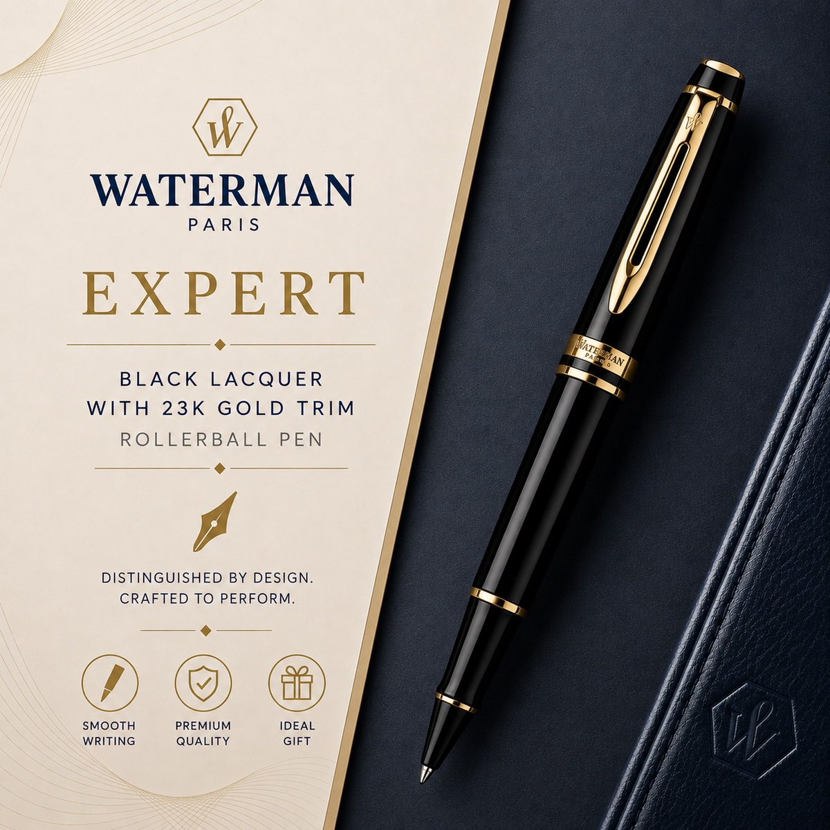 Waterman Expert Rollerball Pen – Black with Gold Trim