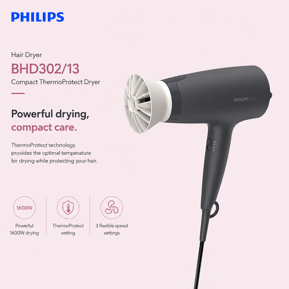 Philips Hair Dryer BHD302/13 – Compact ThermoProtect Dryer