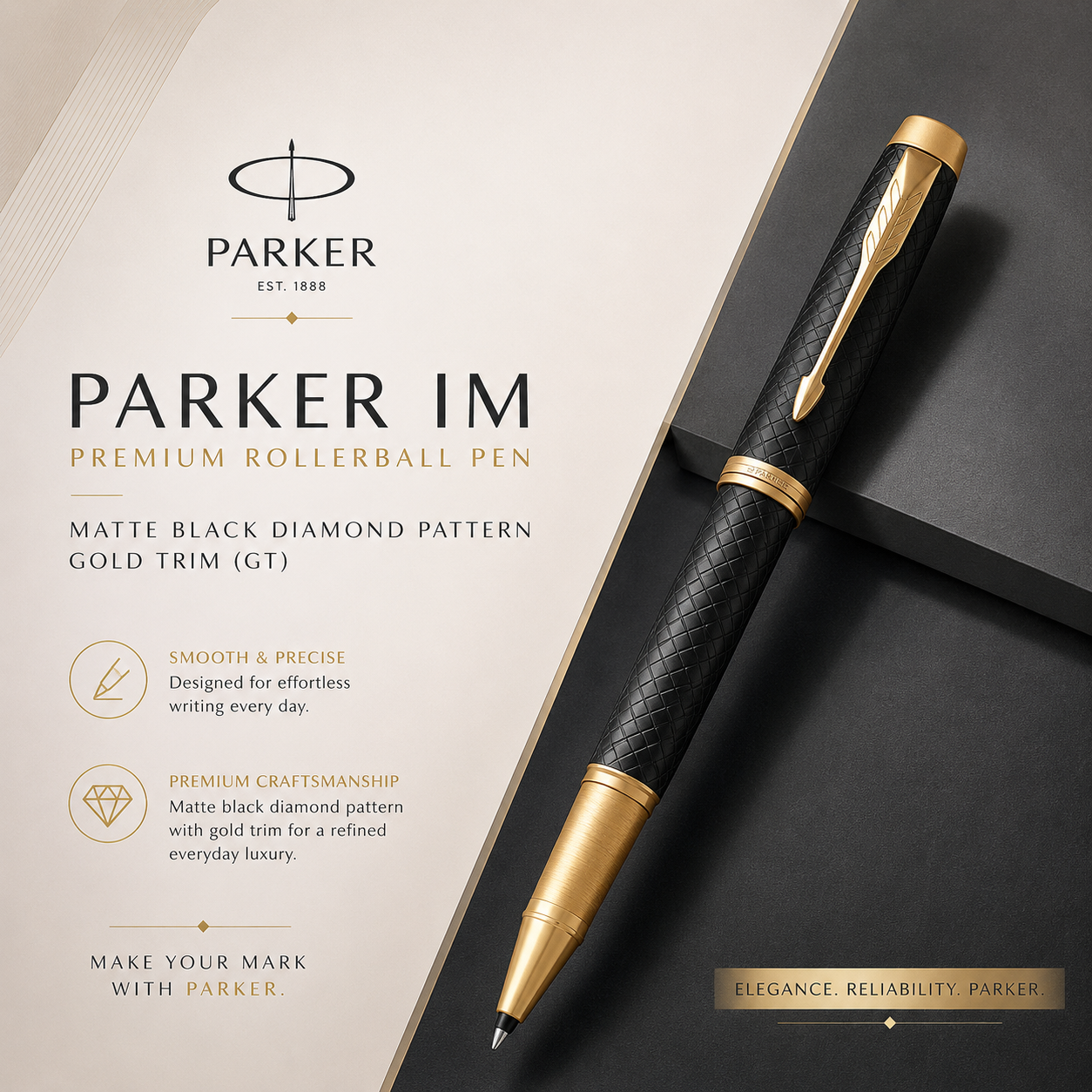 Parker IM Premium Rollerball Pen – Matte Black Diamond Pattern Gold Trim (GT)