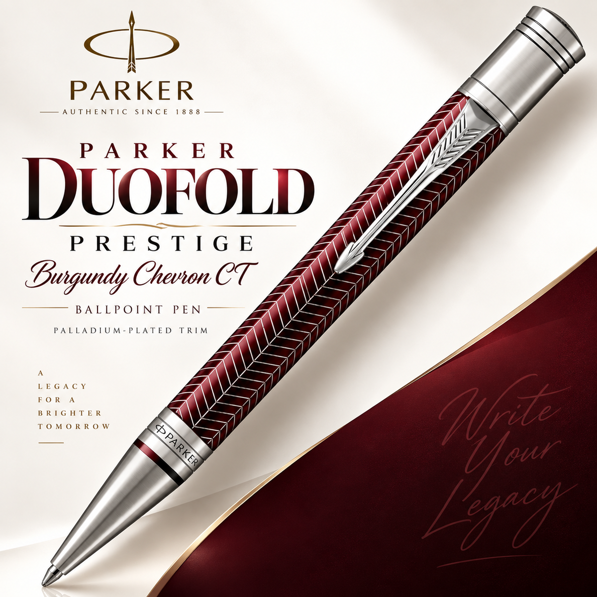 Parker Duofold Prestige Burgundy Chevron CT Ballpoint Pen – Palladium-Plated Trim