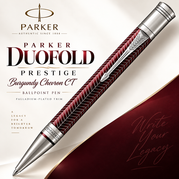 Parker Duofold Prestige Burgundy Chevron CT Ballpoint Pen – Palladium-Plated Trim