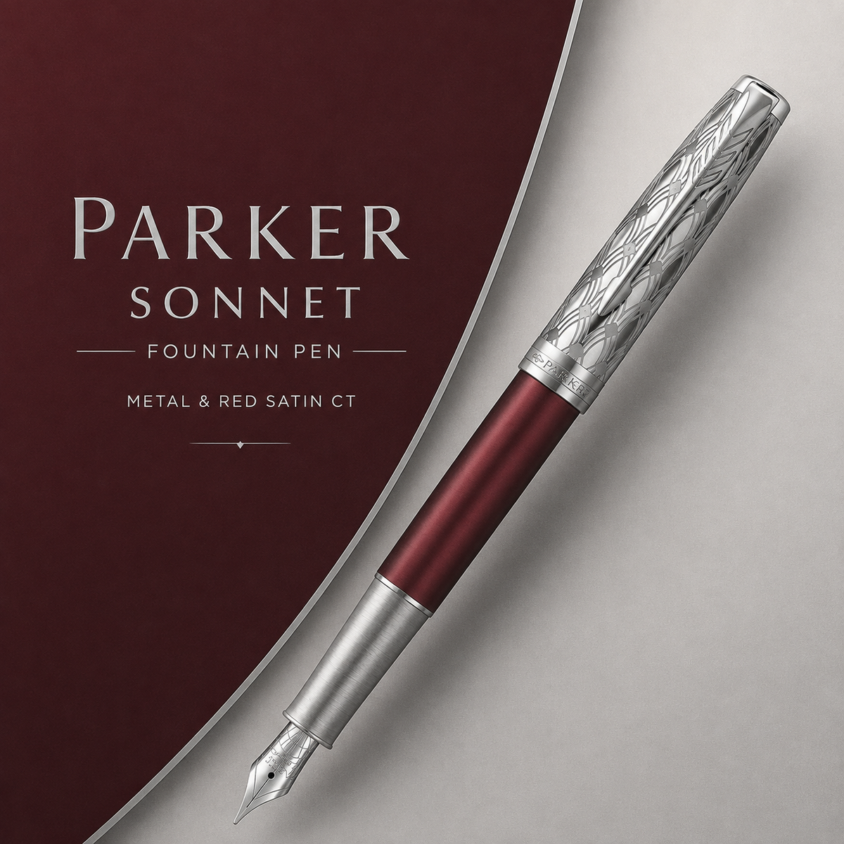 Parker Sonnet Fountain Pen – Metal & Red Satin CT (18K Gold Nib)