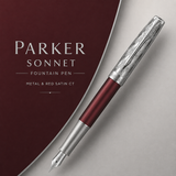 Parker Sonnet Fountain Pen – Metal & Red Satin CT (18K Gold Nib)