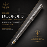 Parker Duofold Prestige Ruthenium Chiselled CT Fountain Pen – 18K Solid Gold Rhodium-Plated Nib