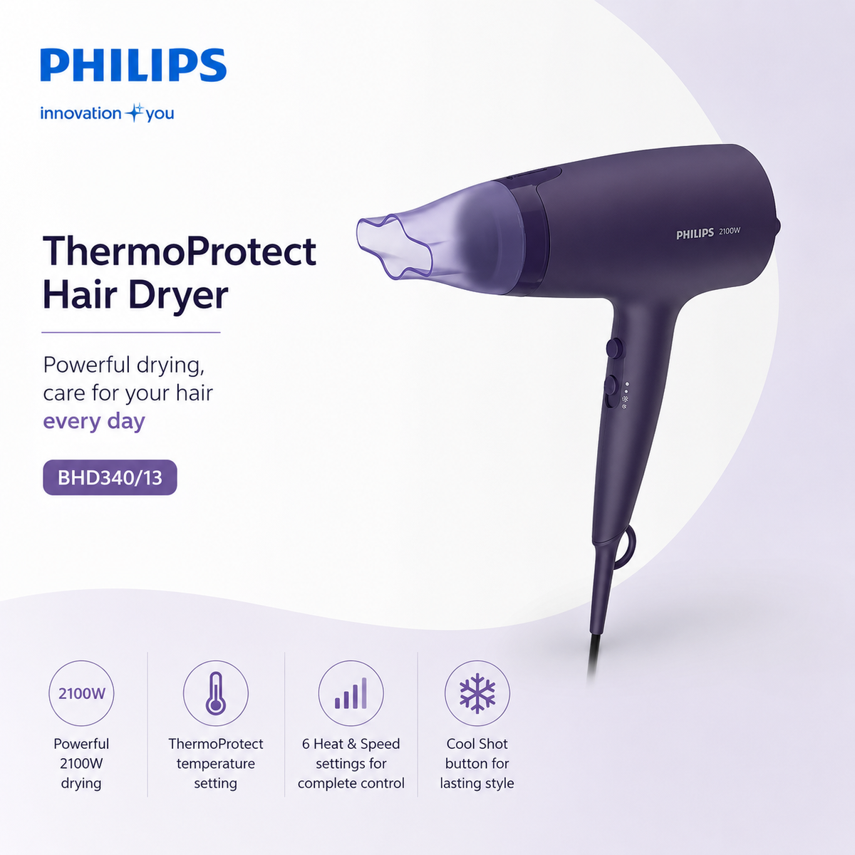 Philips Hair Dryer BHD340/13 – ThermoProtect Professional Blowout Dryer