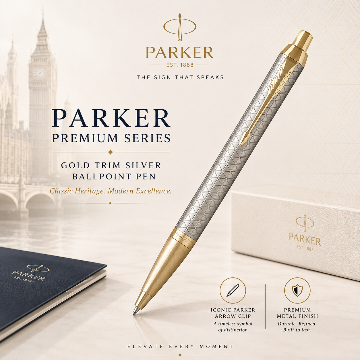 Parker Premium Series Gold Trim Silver Ballpoint Pen