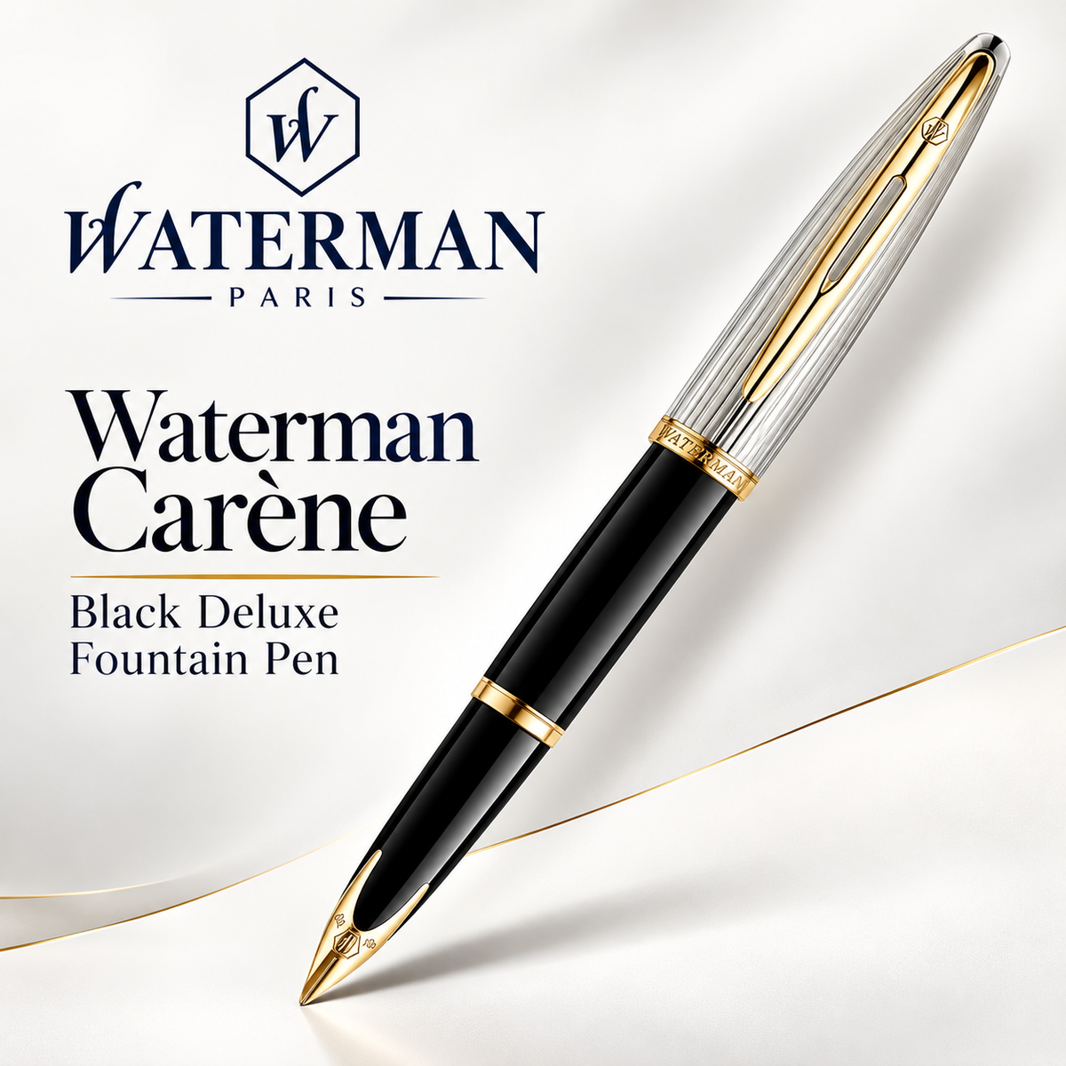Waterman Carène Fountain Pen – Black Deluxe with Gold Trim (18K Gold Nib)