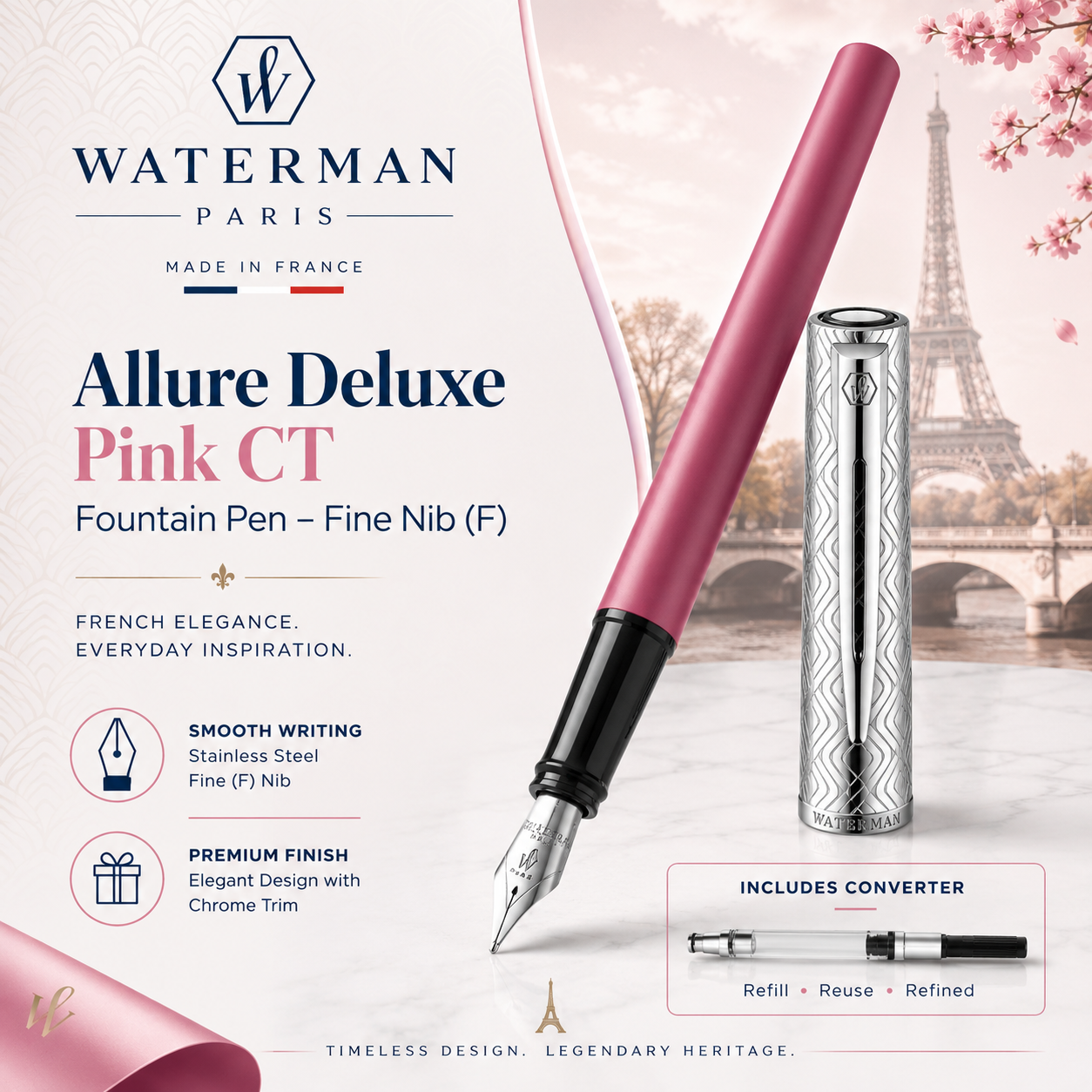 Waterman Allure Deluxe Pink CT Fountain Pen – Fine Nib (F)