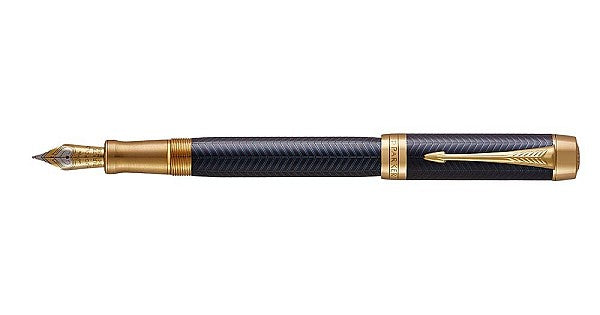 Parker Duofold Prestige Blue Chevron GT Fountain Pen – 18K Solid Gold Two-Tone Medium Nib