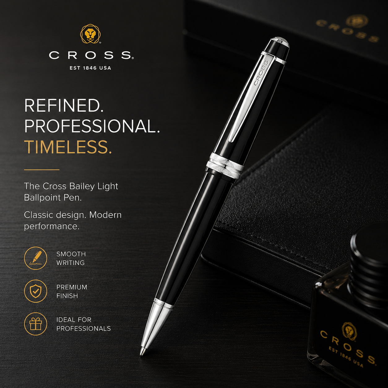 Cross Bailey Light Polished Black Resin with Polished Chrome Appointments Ballpoint Pen Black