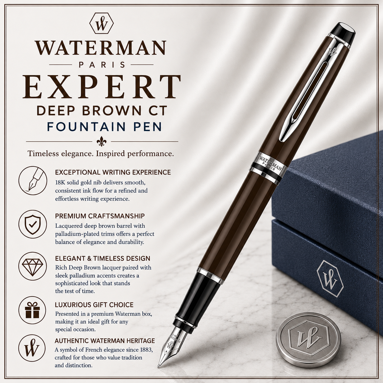 Waterman Expert Deep Brown CT Fountain Pen – Premium Writing Instrument