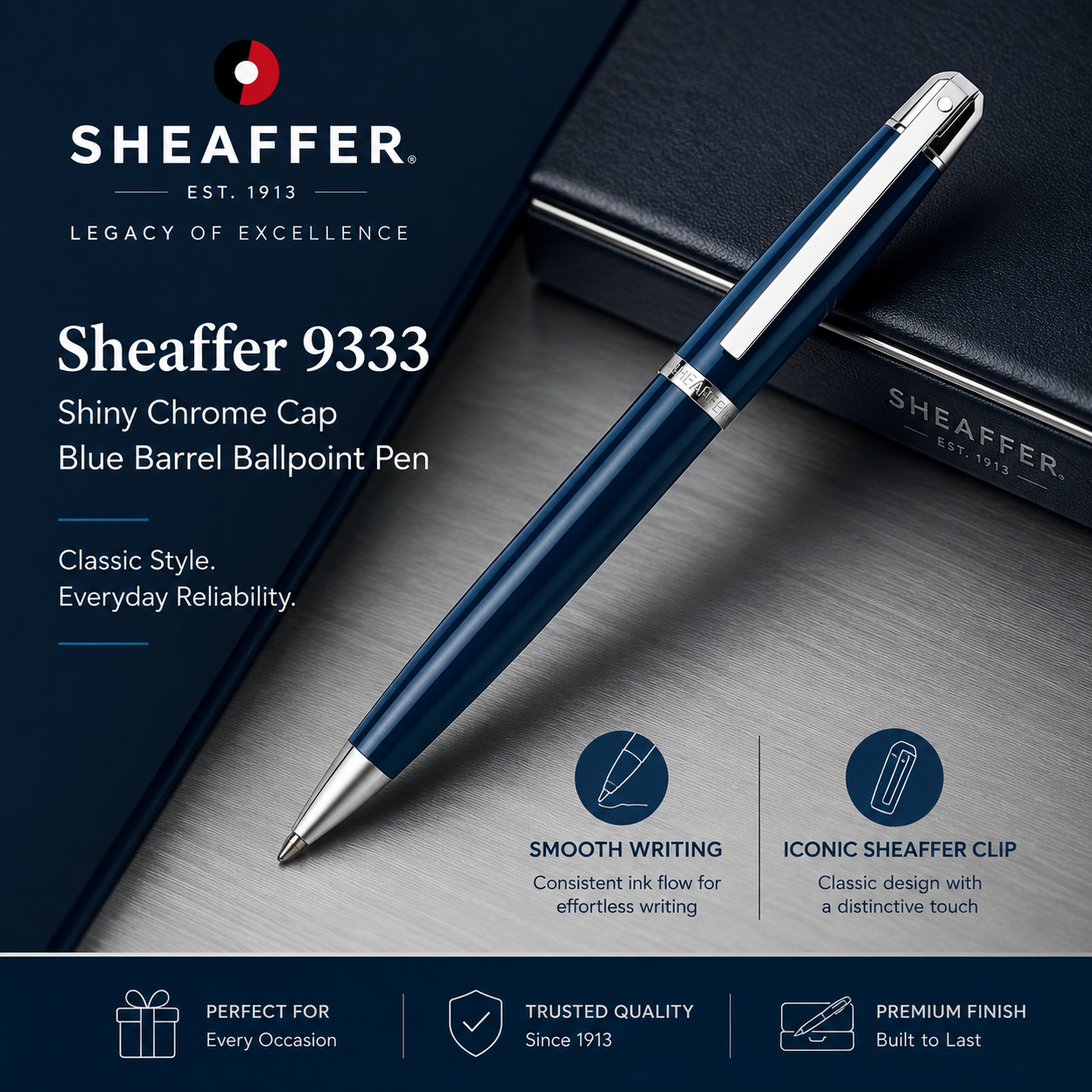 Sheaffer 9333 Ballpoint Pen – Shiny Chrome Cap & Blue Nickel Trim