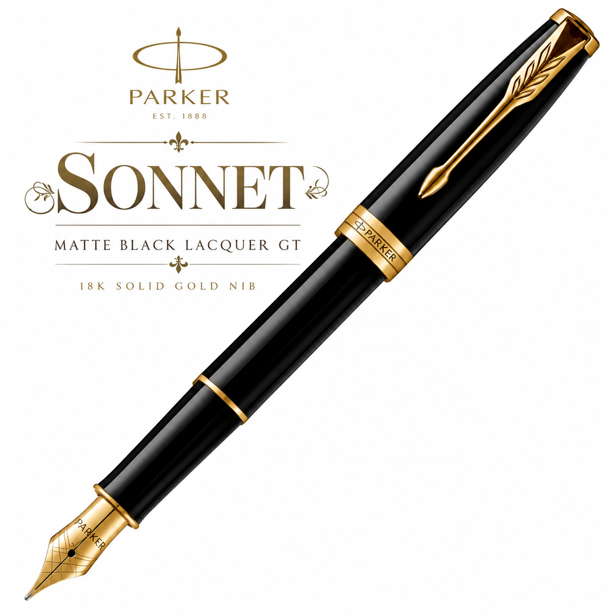 Parker Sonnet Matte Black Lacquer GT Fountain Pen – 18K Solid Gold Nib & Gold-Plated Trim