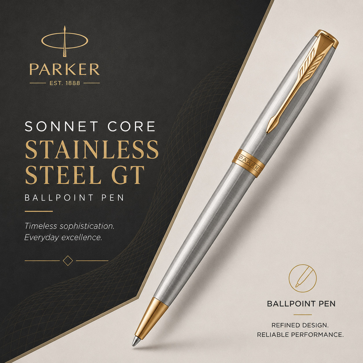 Parker Sonnet Ballpoint Pen – Stainless Steel with Gold Trim | Premium Ballpoint Pen