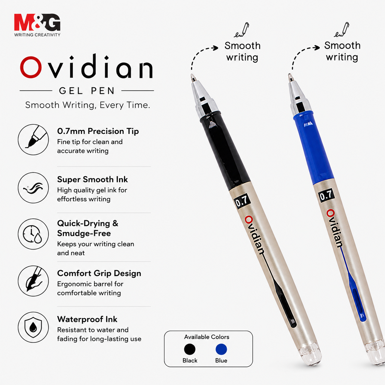 M&G Ovidian Gel Pen 0.7mm – Black & Blue Ink | Pack of 2 or 12