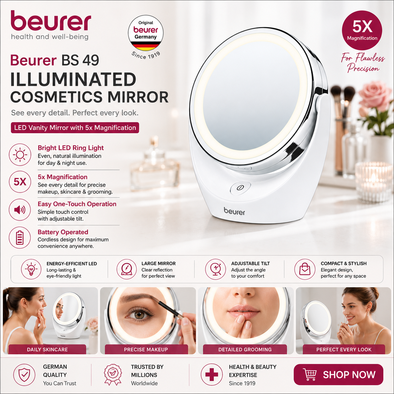 Beurer BS 49 illuminated LED cosmetics mirror with 5x magnification, round vanity mirror