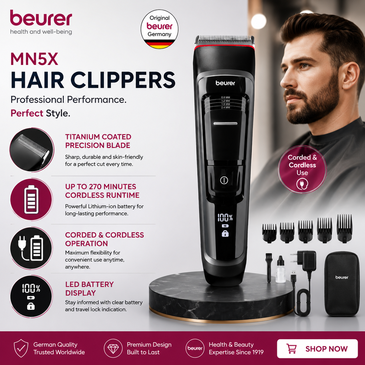 Beurer MN5X professional cordless hair clipper with titanium blade
