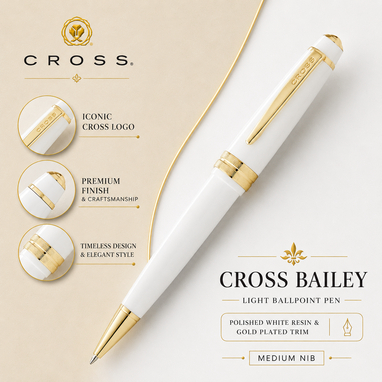 Cross Bailey Light Ballpoint Pen – Polished White Resin & Gold Plated Trim (Medium)