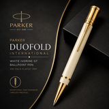 Parker Duofold International White Ivorine GT Ballpoint Pen – 23K Gold-Plated Trim