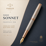 Parker Sonnet Fountain Pen | Chiselled Silver with Rose Gold Trim | Solid 18K Gold Nib