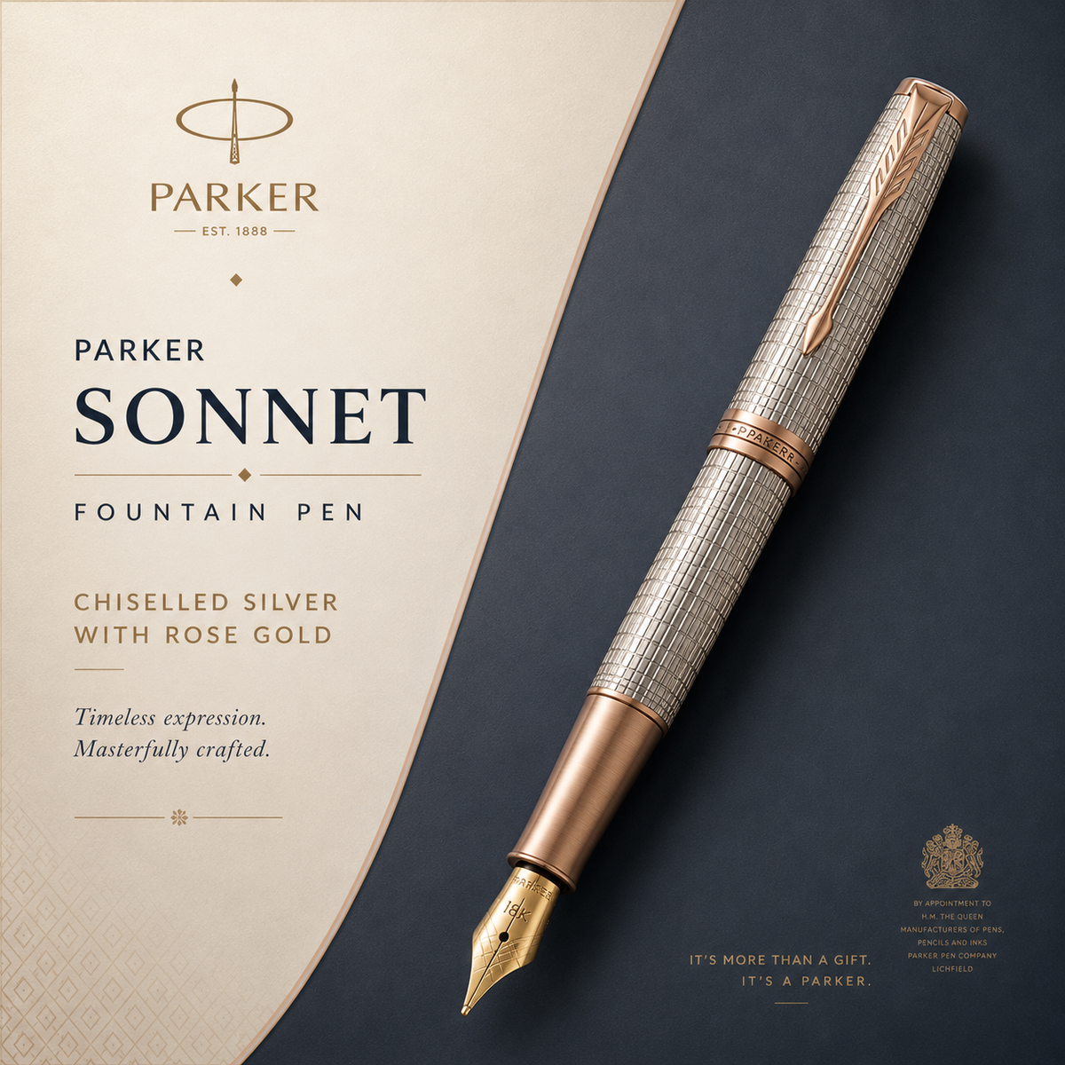 Parker Sonnet Fountain Pen | Chiselled Silver with Rose Gold Trim | Solid 18K Gold Nib