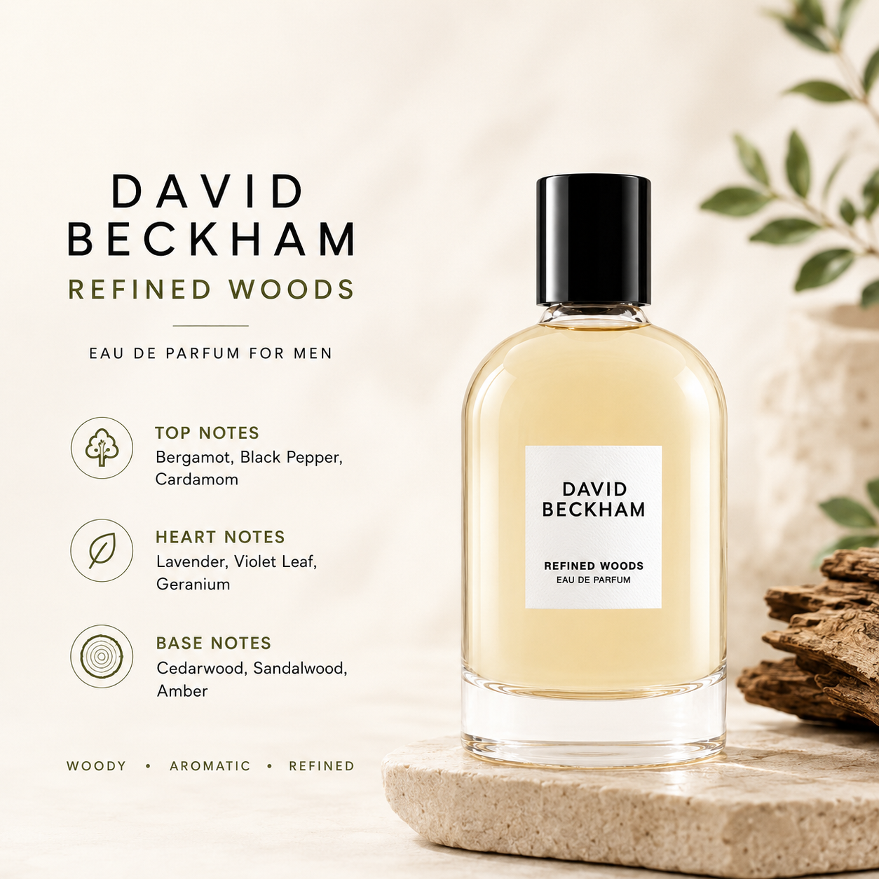 David Beckham Refined Woods EDP 100ml, men's fragrance bottle