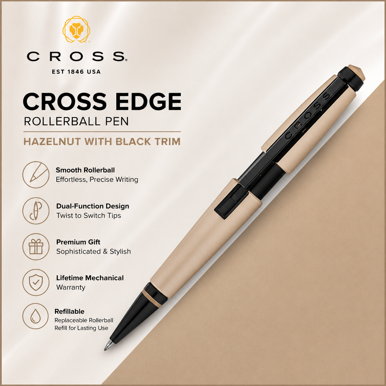 Cross Edge Rollerball Pen – Hazelnut with Black Trim