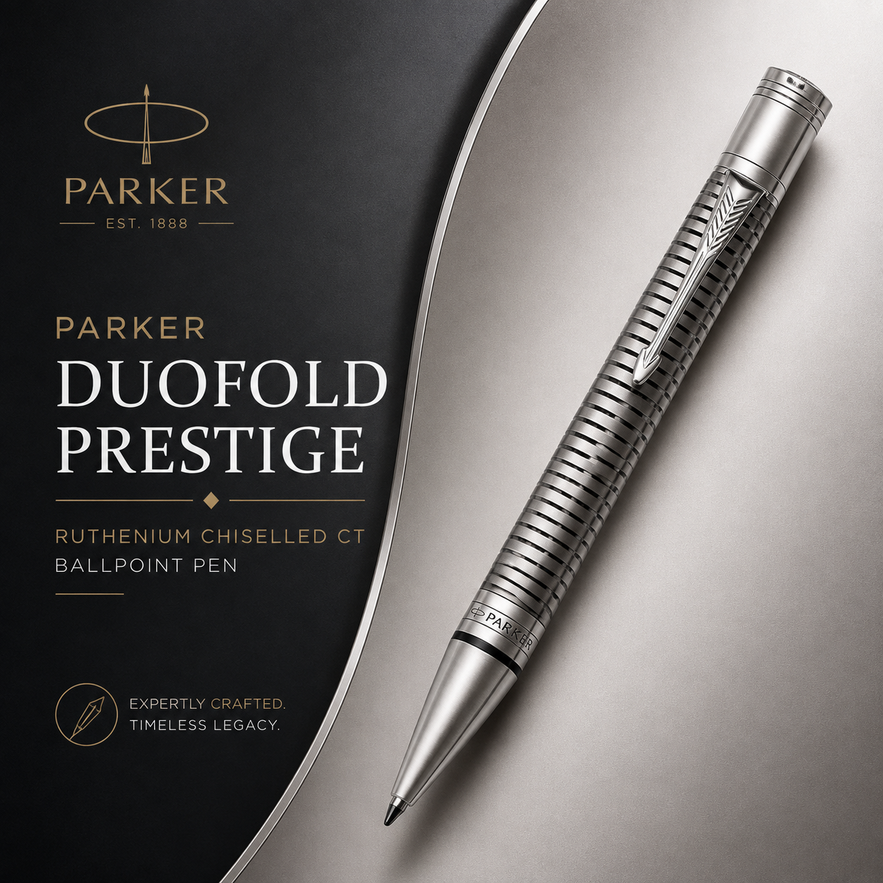 Parker Duofold Prestige Ruthenium Chiselled CT Ballpoint Pen – Ruthenium-Plated with Palladium Trim